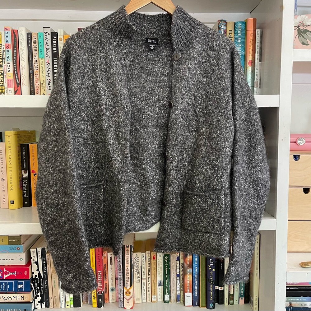Eileen Fisher Italian Wool Gray Button-Up Cardigan with Patch Pockets